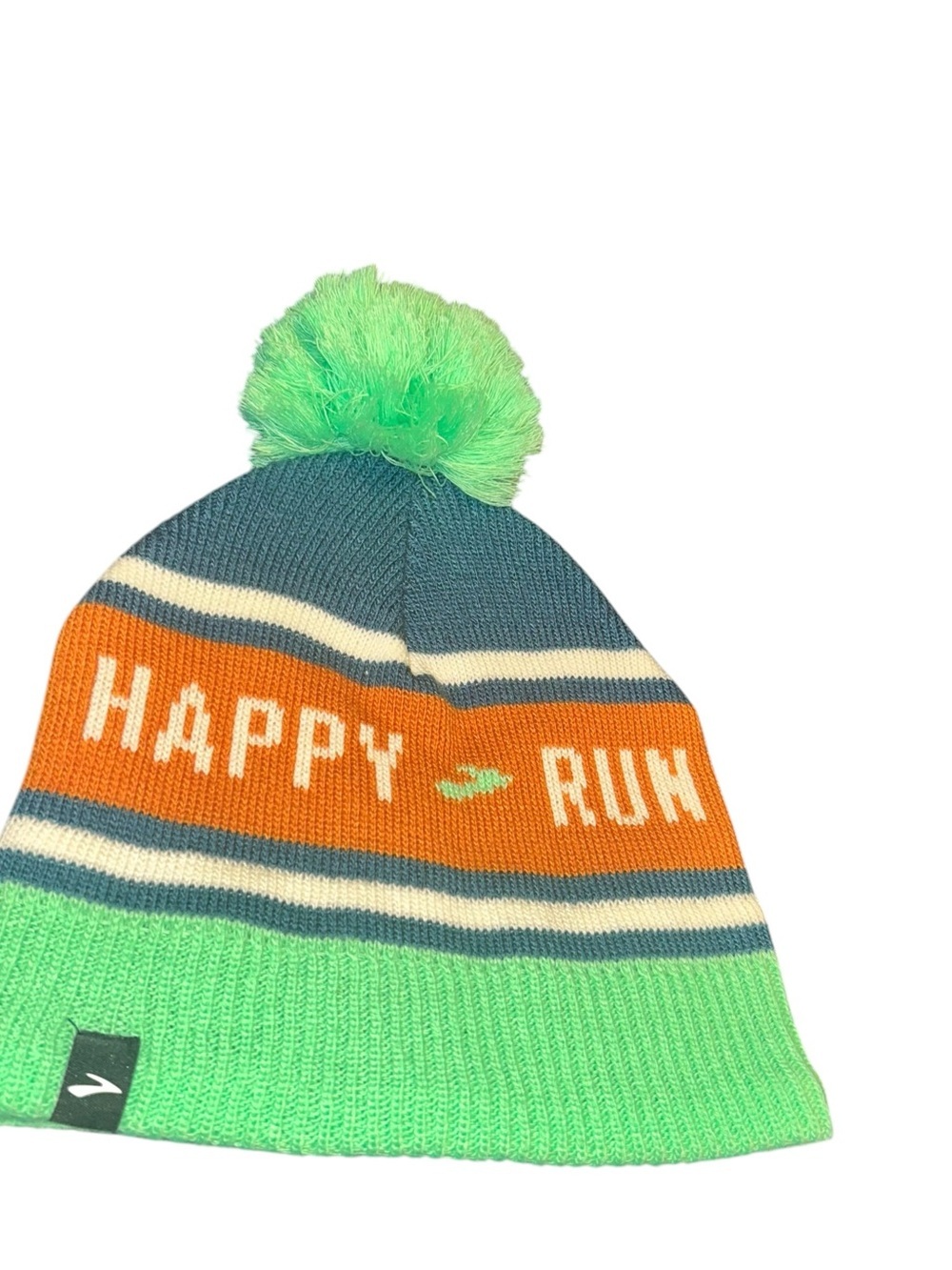 Brooks Running Happy Heritage Pom Beanie Winter Dark Ocean Neon Green